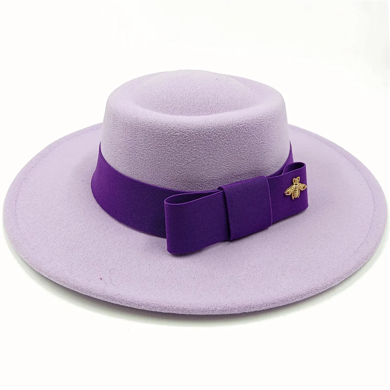 Wholesale Fedora hats Winter round concave convex surface flat top bow elastic ribbon men&#39;s and women&#39;s felt jazz hats Fedora - KIMLUD
