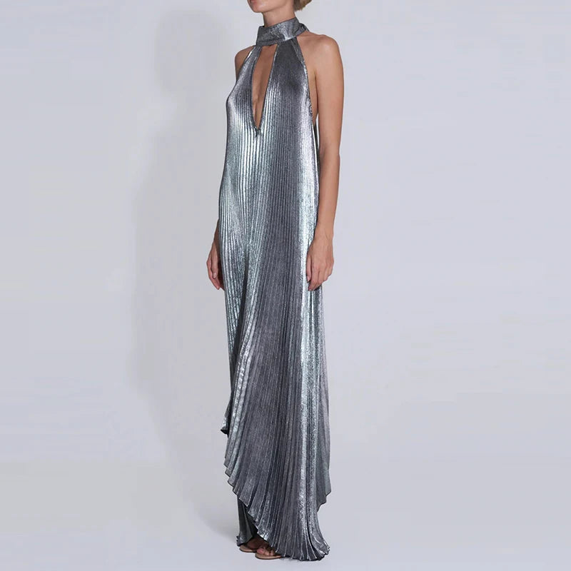 Women Sexy Hollow Out Halter Swing Dress Fashion Metallic Pleated Solid Long Dress Casual Sleeveless Backless Loose Party Dress