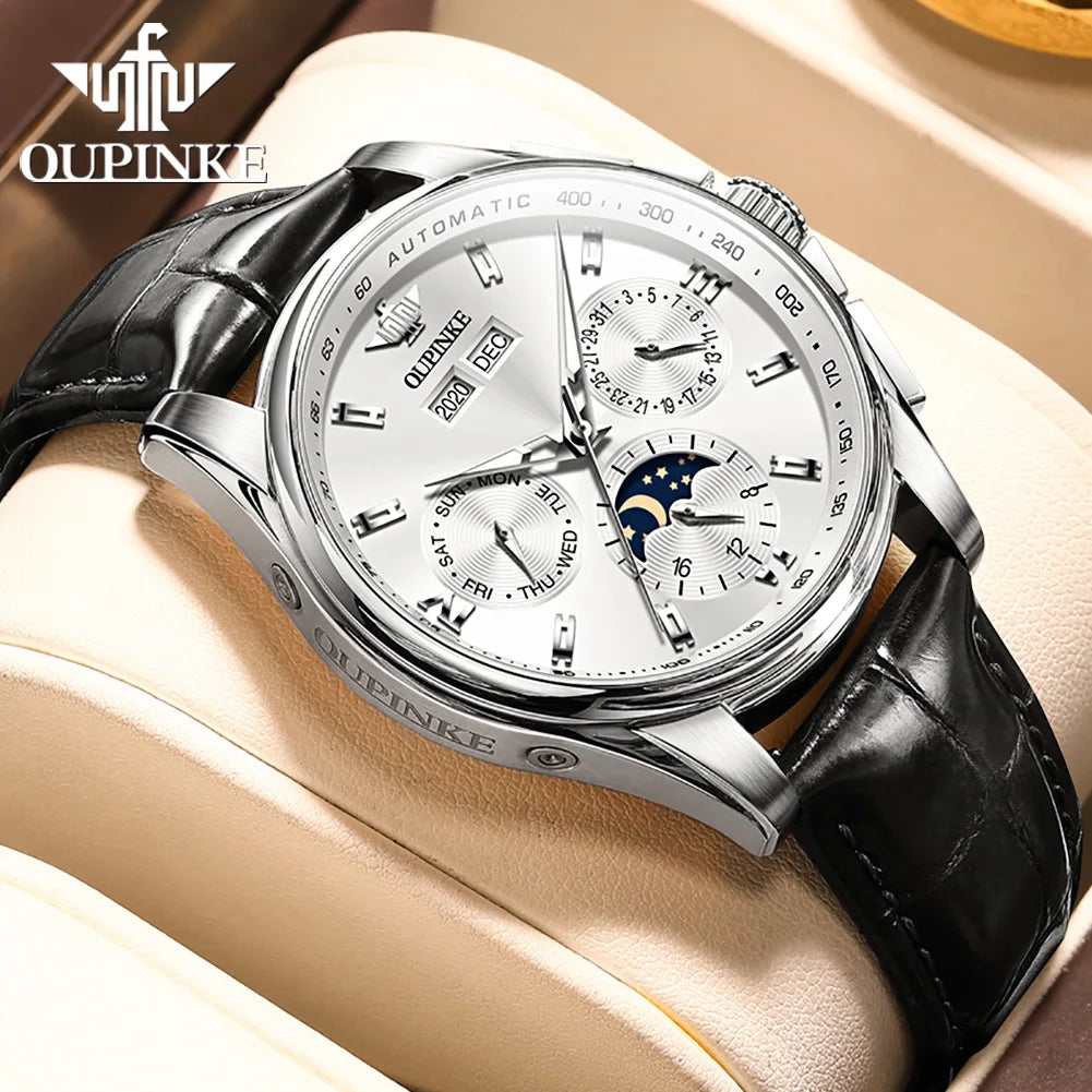 Leather Strap Automatic Watch Moon Phase Chronograph — Silver | KIMLUD