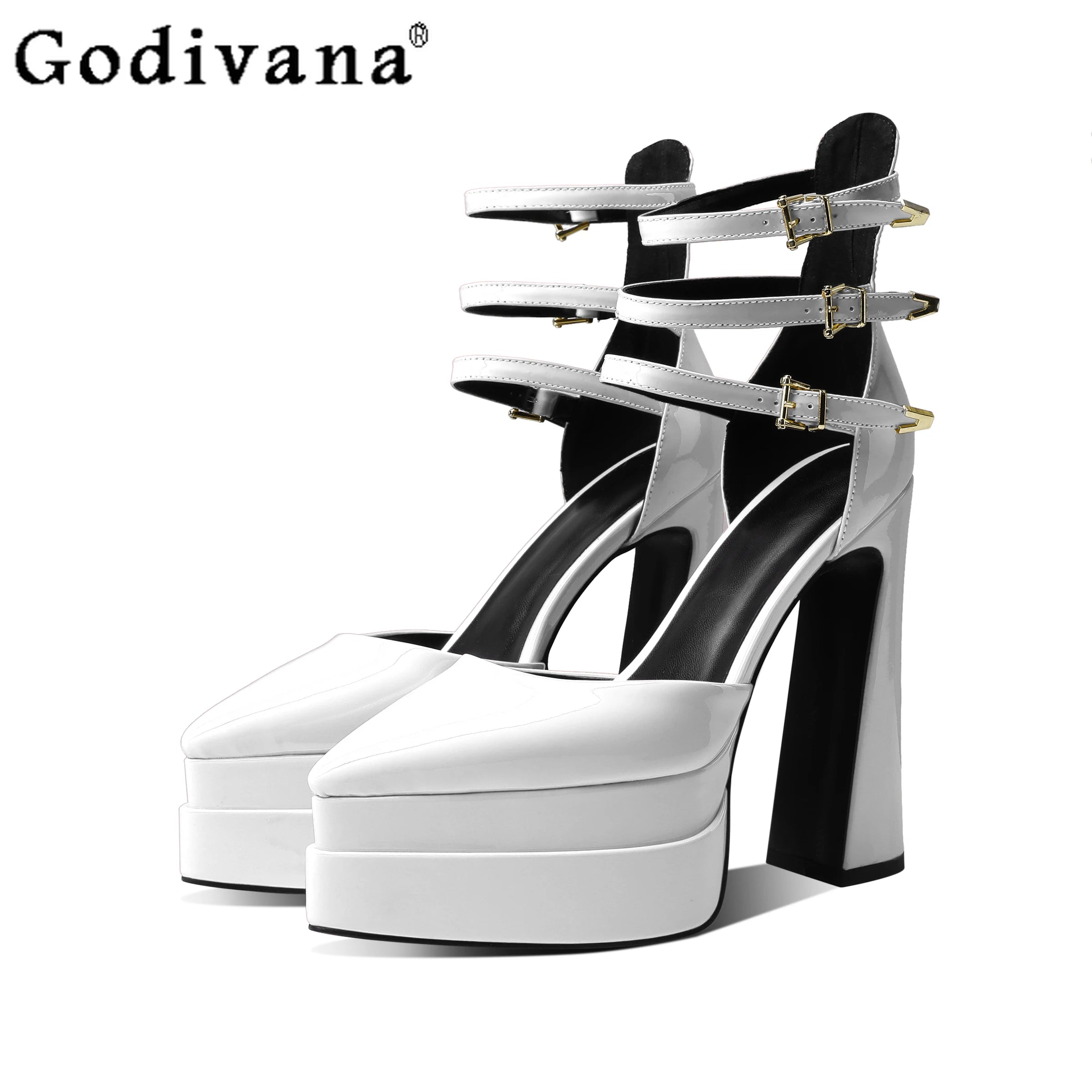 European/american Style Summer Fashion Thick Heels High Heels Wrapped Sandals Women's Pointed Belt Buckle Women's White Shoes