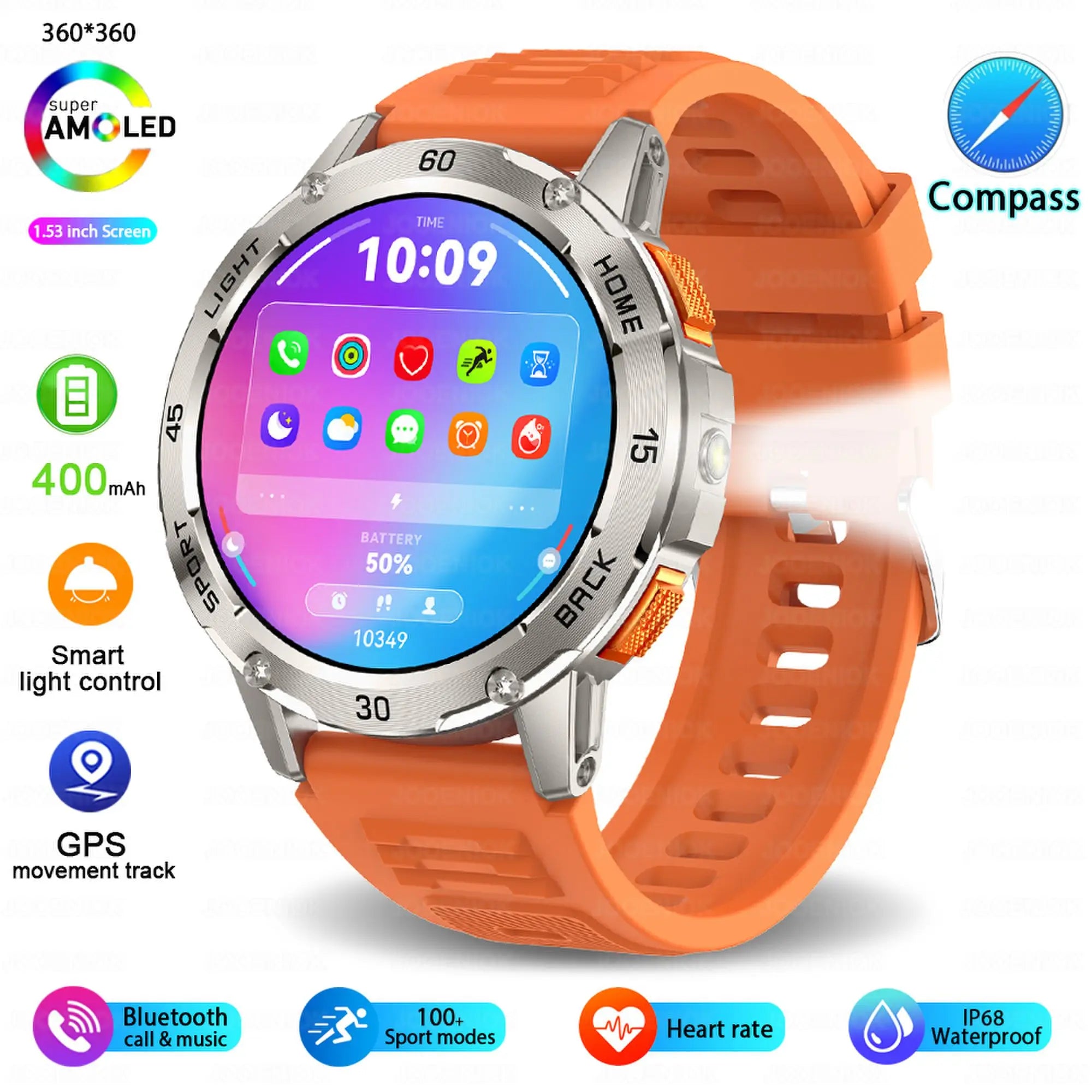 Outdoor Sport Smart Watch Men Compass 400mAh Battery Flashlight Health Monitoring Waterproof Bluetooth Call Smartwatch 2025 New