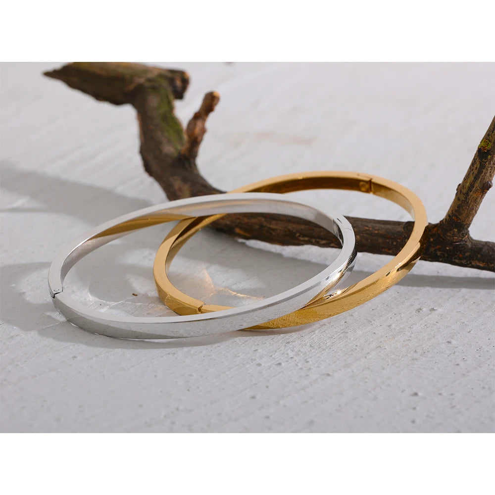 Yhpup 60mm Waterproof 316L Stainless Steel Round Smooth Bracelet Bangle Women Minimalist 18k Gold Color Texture Charm Jewelry - KIMLUD
