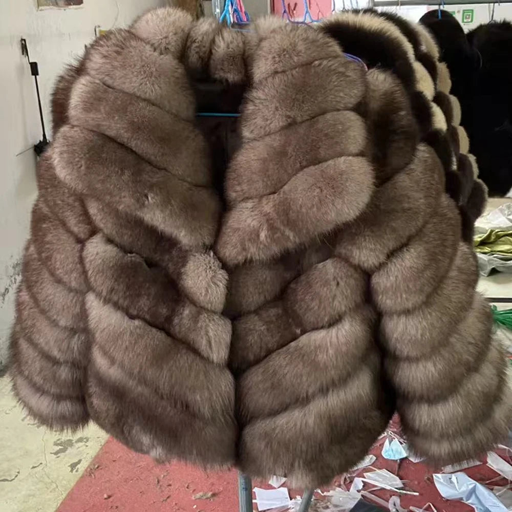 QUEENTINA Winter New Women's Real Fox Fur Coat With Collar Overcoat Leather Female Natural Plus Size