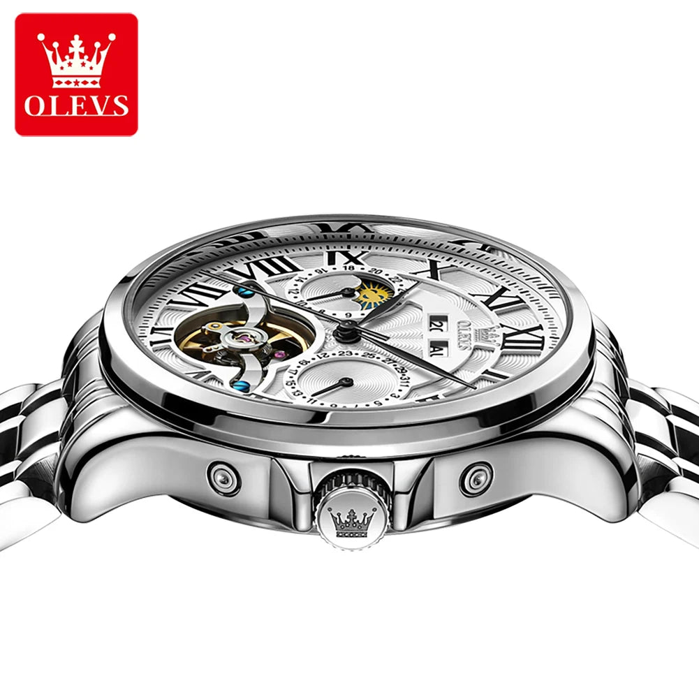 Stainless Steel Tourbillon Watch Moon Phase Calendar — Silver | KIMLUD
