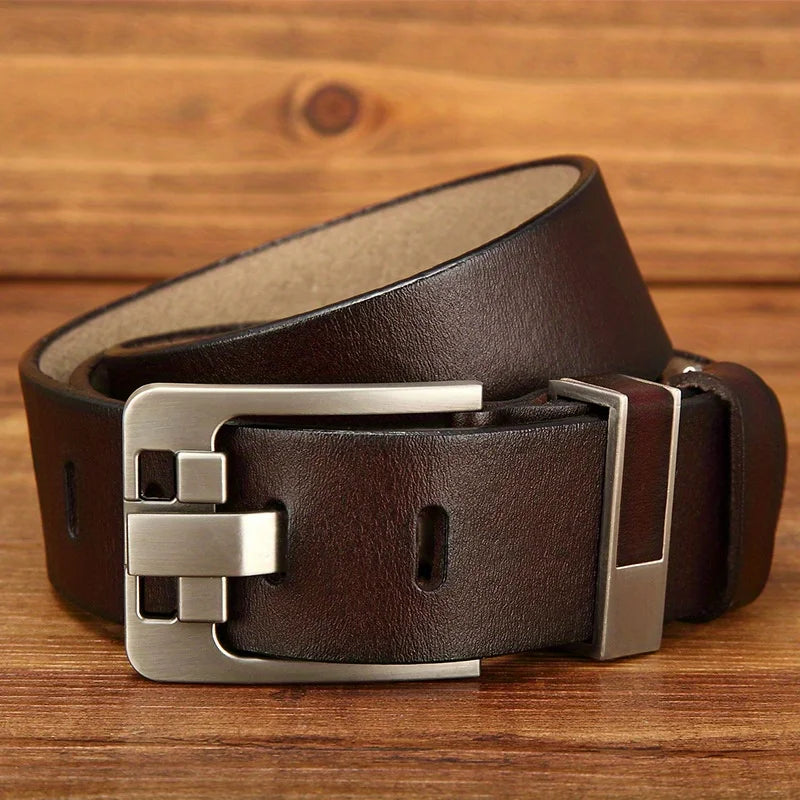 Split Leather Belt Vintage Pin Buckle With Premium Stitching And Adjustable Length — Black | KIMLUD