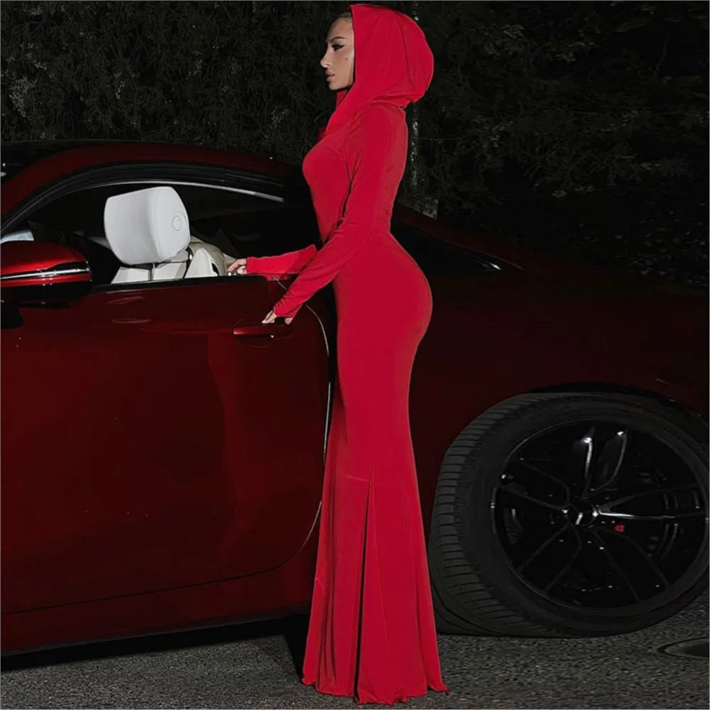 Hooded Long-Sleeve Dress – Slim Silhouette – Polyester | KIMLUD
