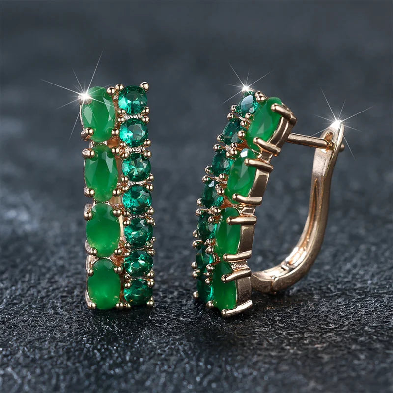 Geometric Clip Earrings Gold Color Oval Round — Green | KIMLUD