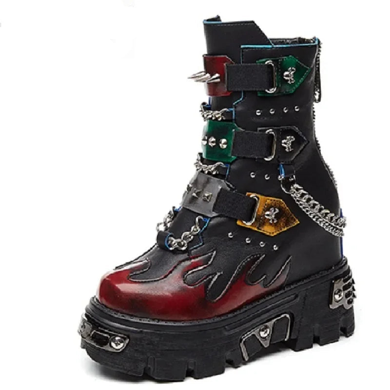 Women's Genuine Leather Motorcycle Boots Rivet Metal Chain Buckle Belt Short Punk Mid-calf Boots Winter Lady Platform Chunky