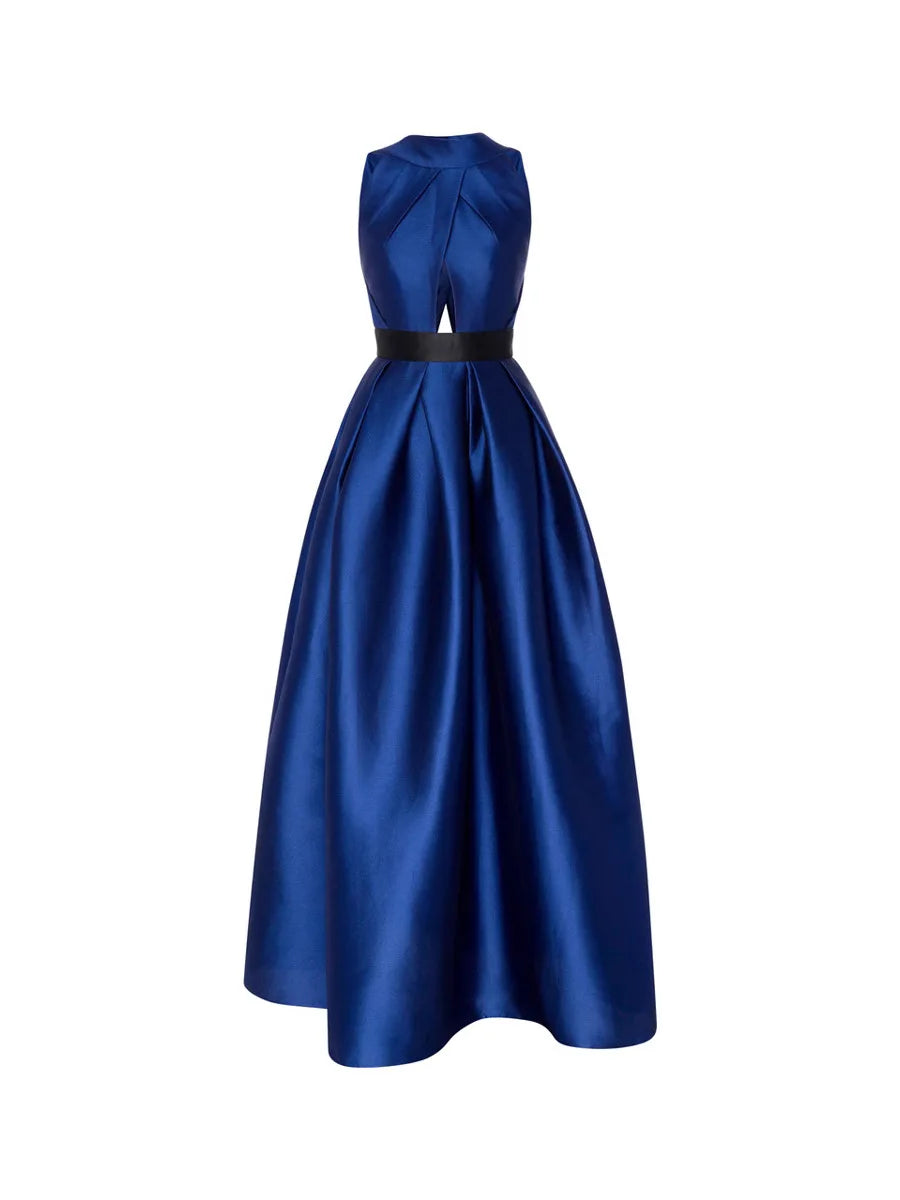 Satin Halter Draped Evening Dress — Dark Blue | KIMLUD