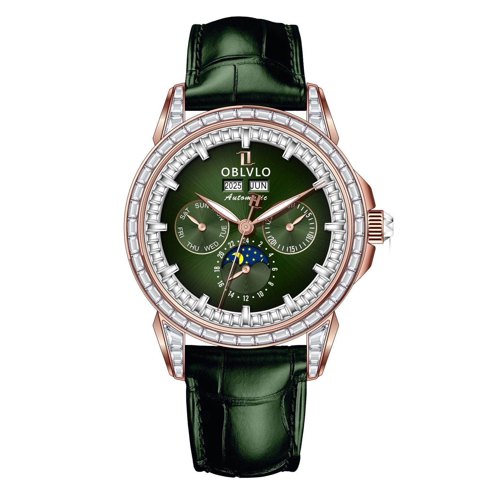 Moonphase Diamond Bezel Automatic Watch With White Dial Leather Strap — Rose Gold | KIMLUD