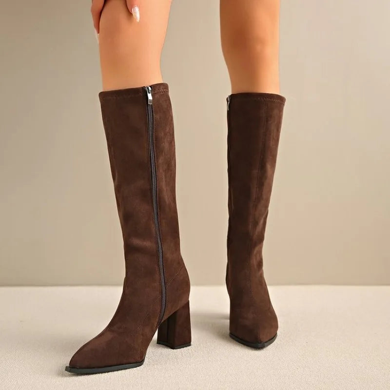 Suede Solid Knee-High Block Heel Boots — Brown | KIMLUD