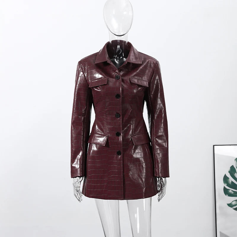 PU Leather Dresses Lapel Blazer Long Sleeve — Black | KIMLUD