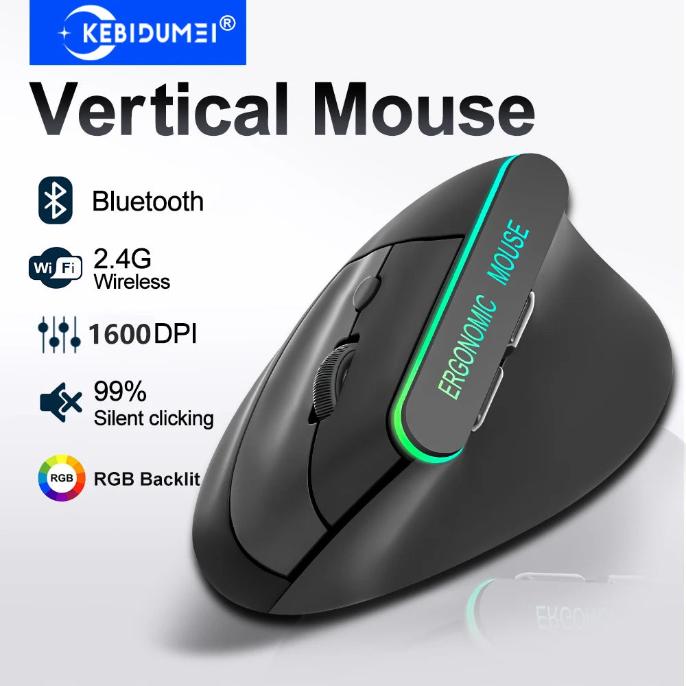 RGB Vertical Mouse 2.4G Wireless Mouse Dual Mode Bluetooth Mouse Ergonomic Mouse Rechargeable Mice Silent Mouse for PC Laptop