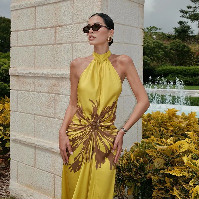 Halter Backless Dress - Print - Polyester - Slim Fit | KIMLUD
