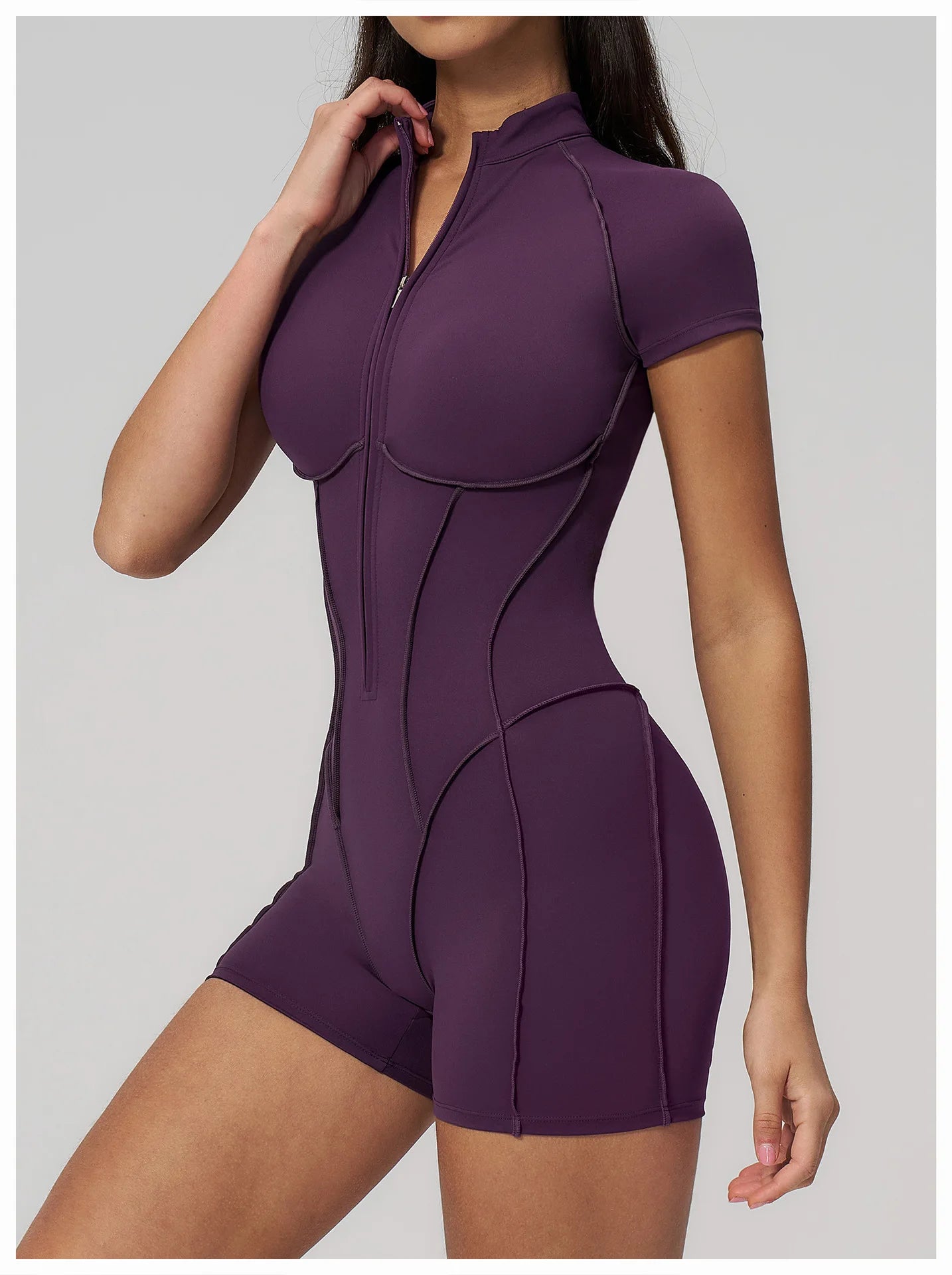 Performance Stretch Jersey Zippered Yoga Bodysuit Short Sleeves For Studio To Street — Red | KIMLUD