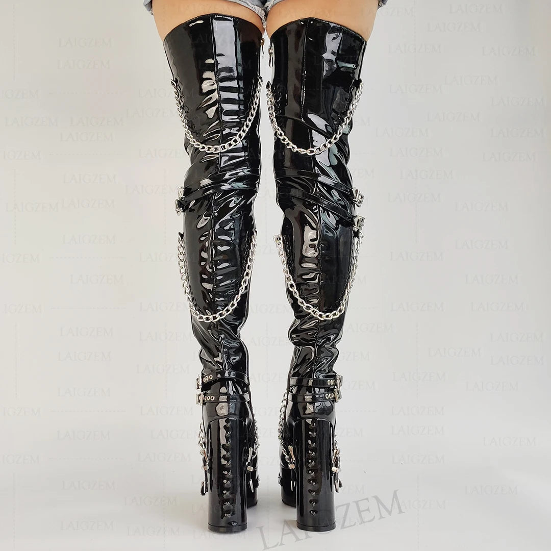 Over-the-Knee Boots – Slim Fit Platform Heels – Rivets Chains – Black | KIMLUD