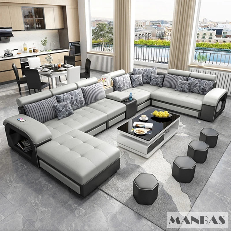 Fabric U-Shape Sofa Set With USB Ports And Stools — Grey | KIMLUD