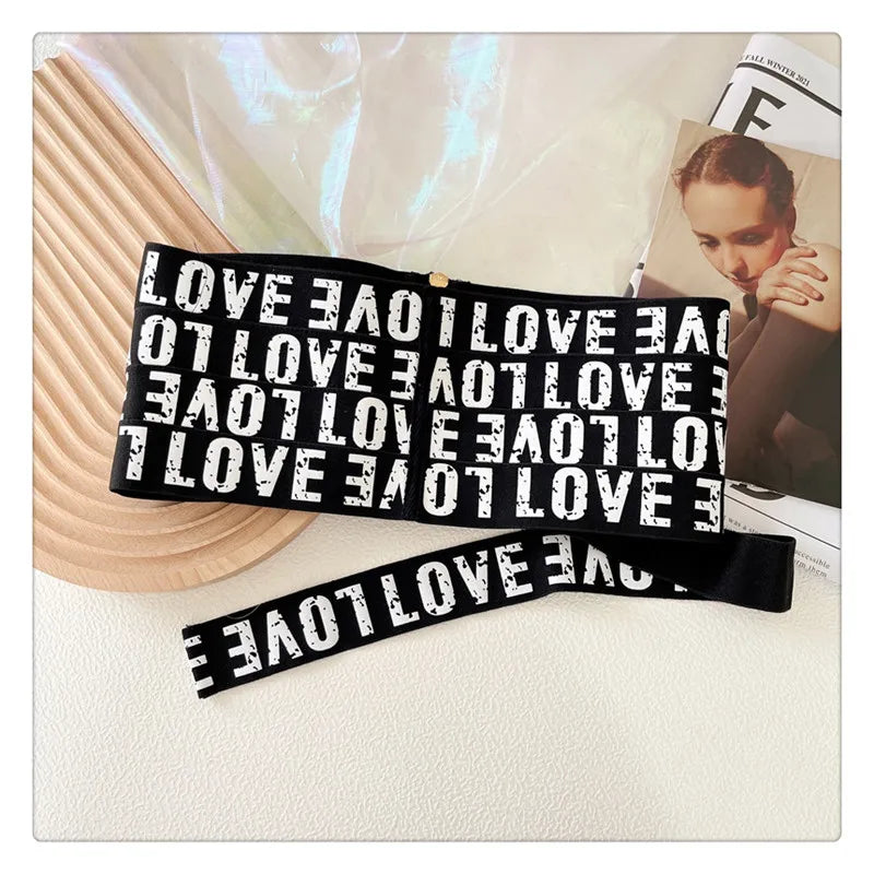 GetSpring Women Cummerbunds Letter Printed Zipper Black Wide Belt Fashion Elastic Waistband All Match Ladies Waist Band Corset