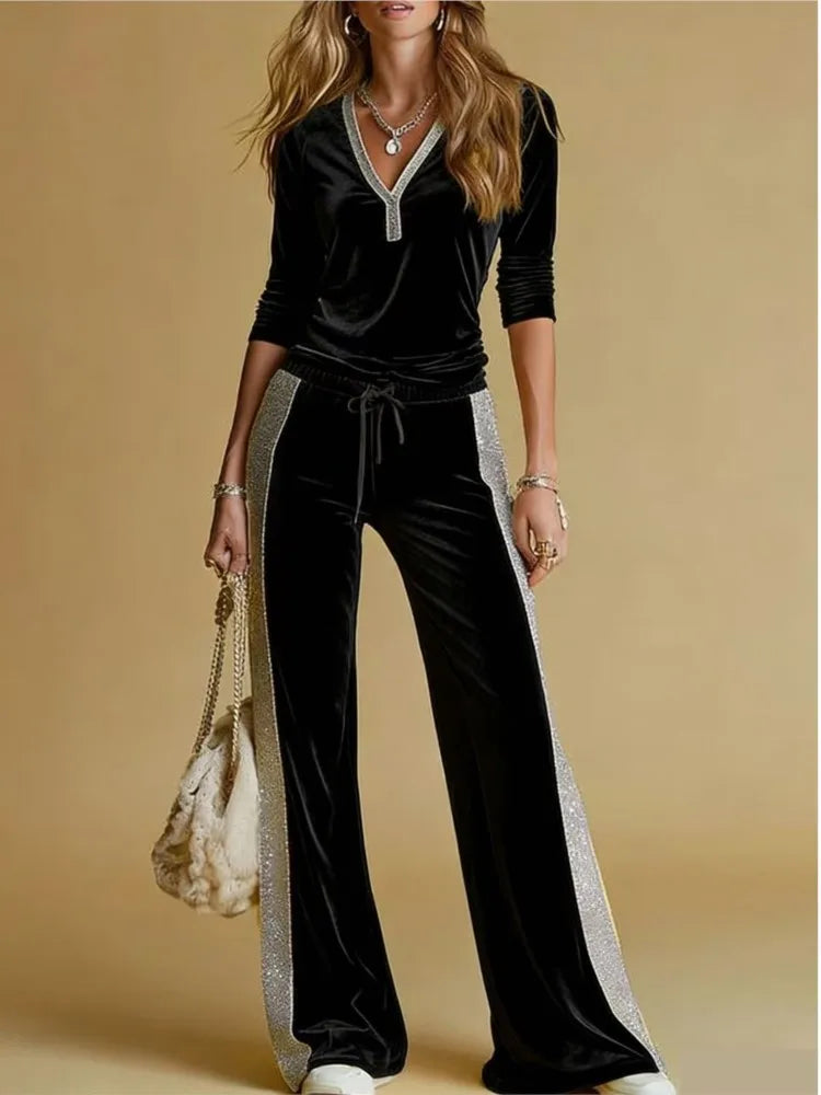 Velvet Two-Piece Set Spliced V-Neck Long Sleeve — Sun-Kissed Yellow | KIMLUD