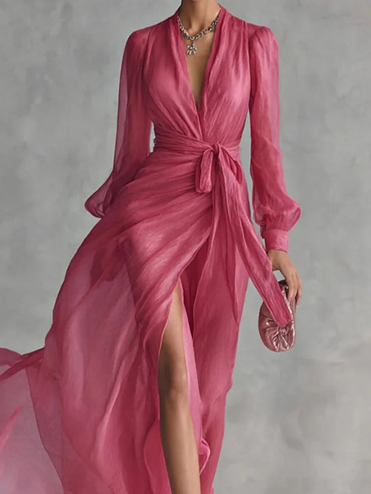 Maxi Dress – V Neck Lace-Up Detail – Polyester Silhouette – Solid Color | KIMLUD