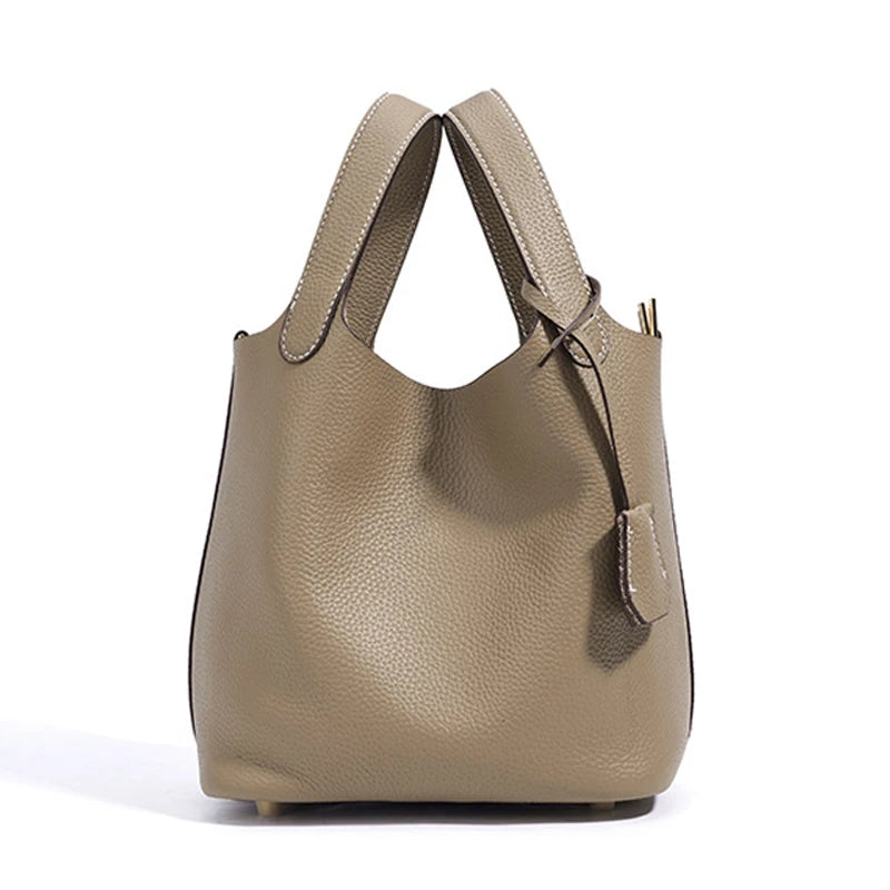 Head Layer Cowhide Leather Bucket Bag Large Capacity — Taupe | KIMLUD