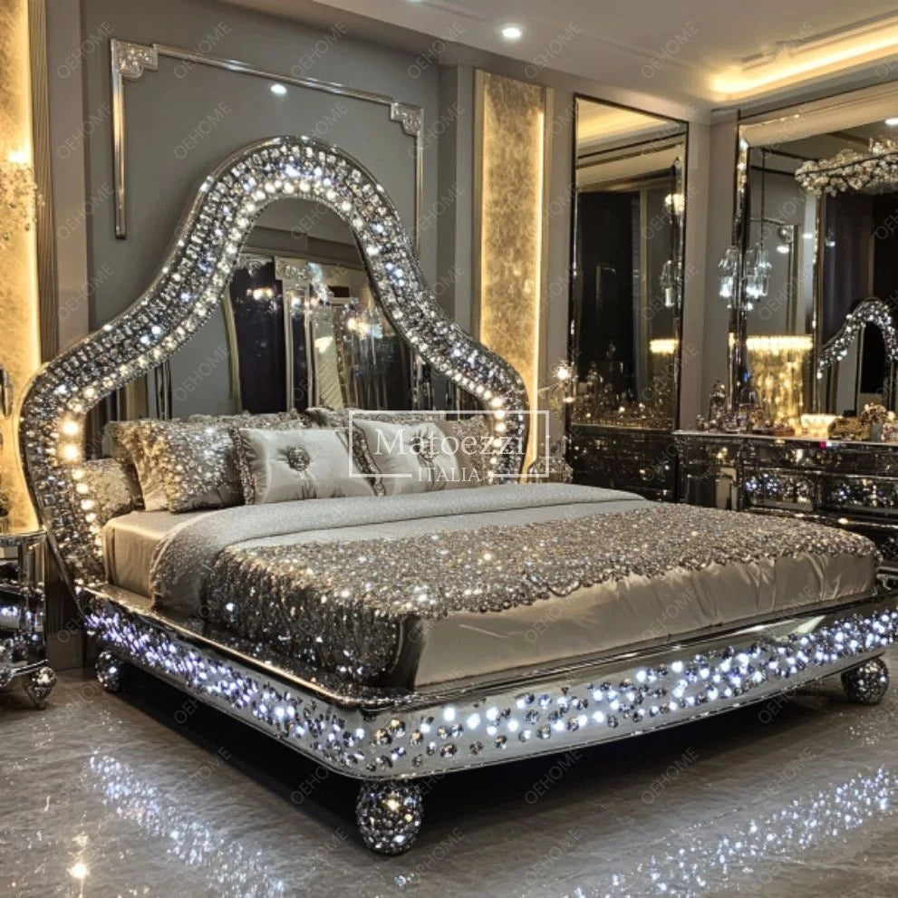 Modern Diamond Mirror Bed Bedroom or Hotel Villa Luxury Bedroom Furniture
