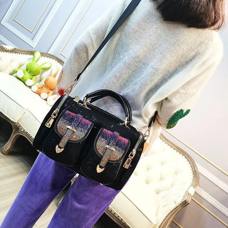 Mesh Paillette Messenger Bag Iridescent — Black | KIMLUD