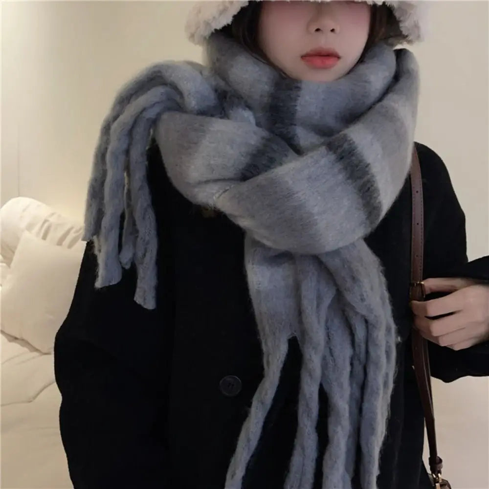 Cashmere Mohair Stripe Pattern Scarf With Tassels — Beige | KIMLUD