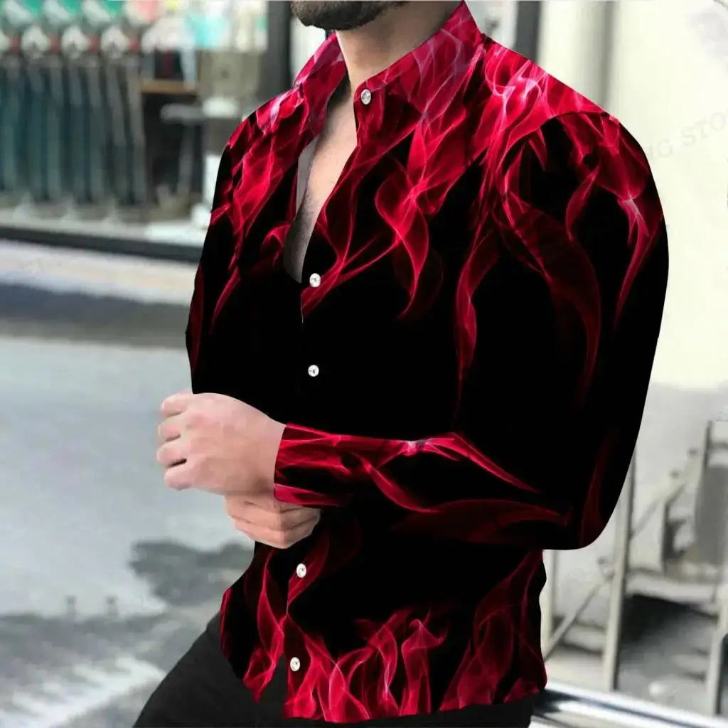 Polyester Flame Print Shirt Long-Sleeve Turn-Down Collar Button-Front — Black | KIMLUD