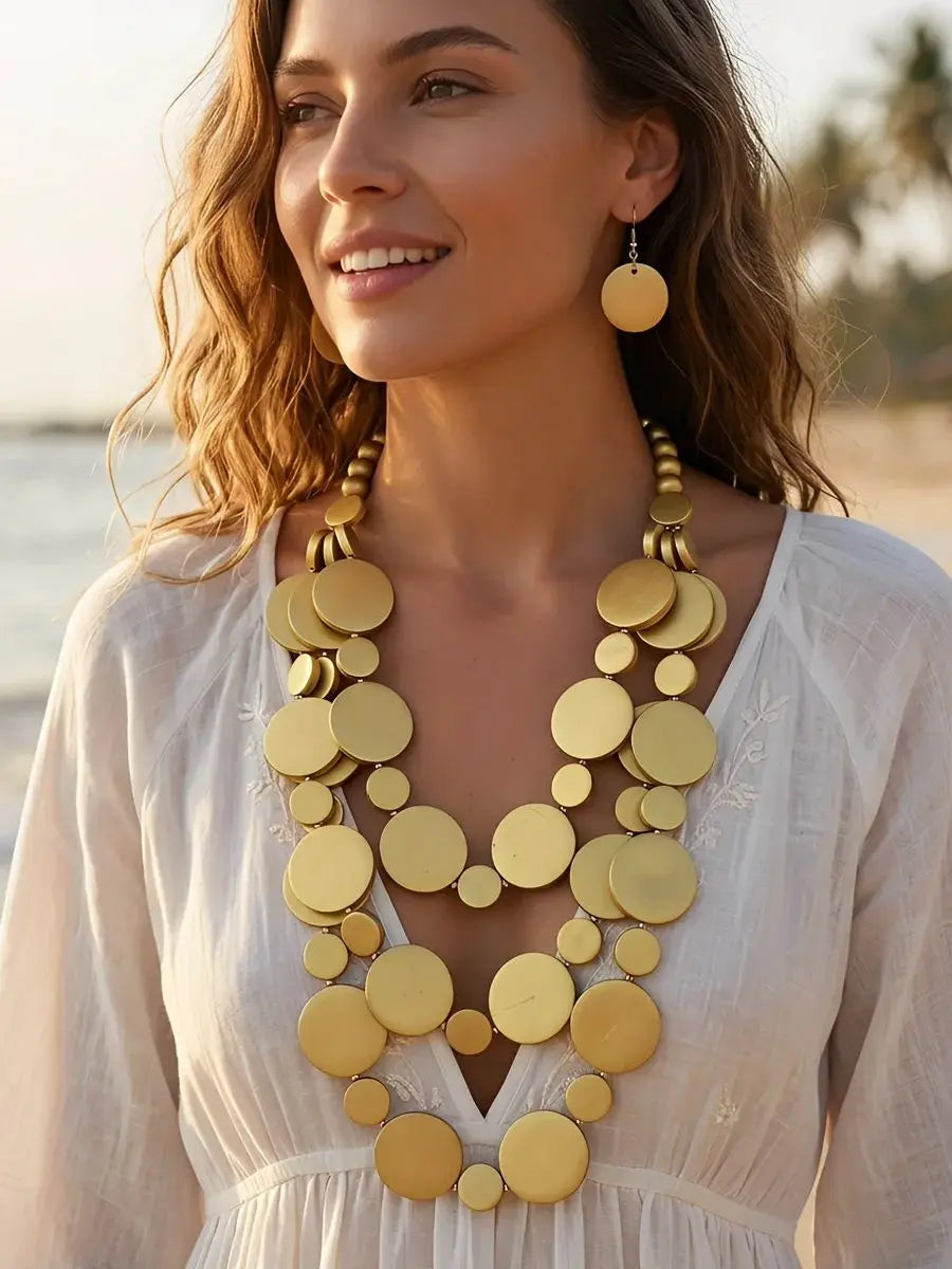 Statement Wooden Bead Solid Jewelry Set — Gold | KIMLUD