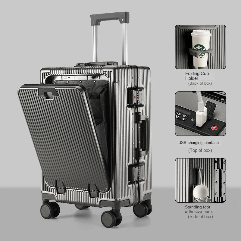 New Suitcase Front Opening Laptop Bag Aluminum  Frame Luggage with USB Port Password Trolley Case Travel Suitcases 20-28 inch