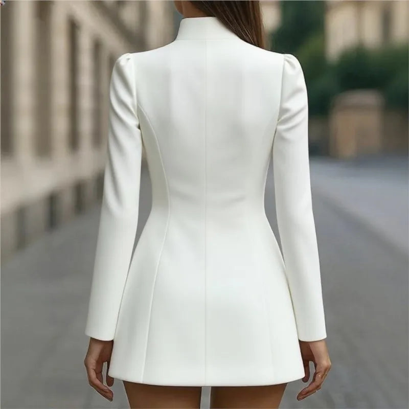 Retro Long Sleeve Metal Button Dress Women Elegant High Neck Short Dresses Lady New Chic Highstreet Party Robes