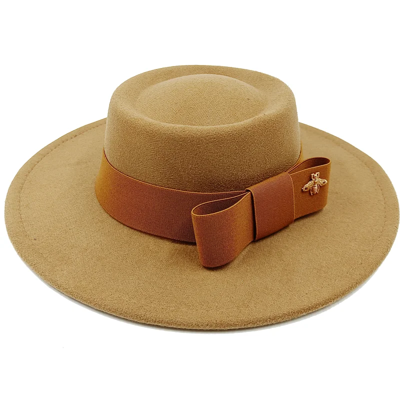Wholesale Fedora hats Winter round concave convex surface flat top bow elastic ribbon men&#39;s and women&#39;s felt jazz hats Fedora - KIMLUD