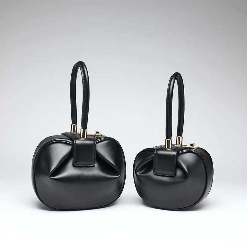 Genuine Cow Leather Round Dumpling Bag — Black | KIMLUD