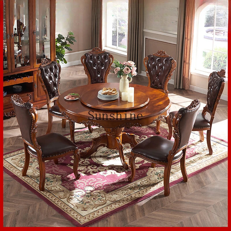 American all solid wood round dining table simple with turntable restaurant carved table