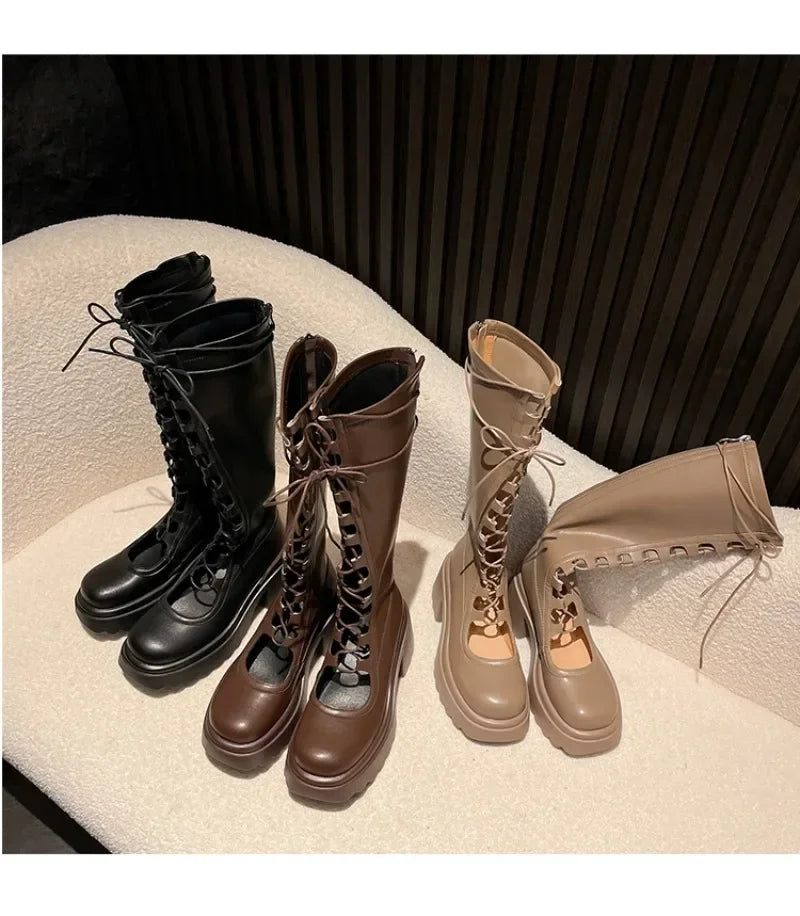 2024 Summer New Female Breathable Hollowed Out Mesh Boots Genuine Leather High Knight Boots Knee High Heels Show Thin Cool Boots
