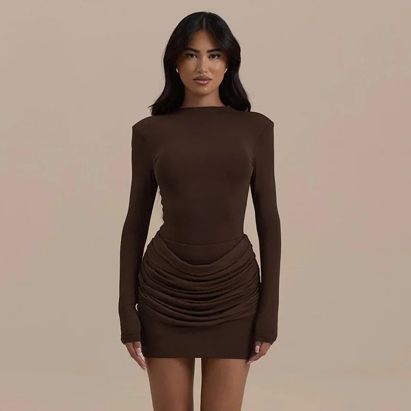 Polyester Pleated Stretch Long Sleeve Dress Gathered Hip Silhouette — Jet Black | KIMLUD