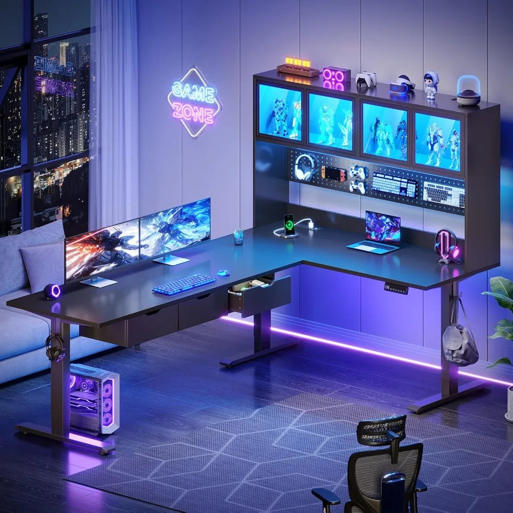 SEDETA 68.9 Standing L Shaped Gaming Desk, Office Computer Desk with Storage Hutch and Drawers, Stand Up Corner Desk with Pegboa