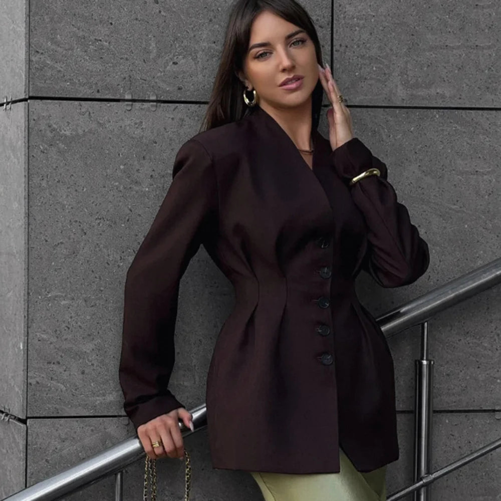 Talenza Women Fashion Blazer Vintage Single Breasted V-Neck Long Sleeve Jacket Casual Office Solid High Street Chic Women Blazer