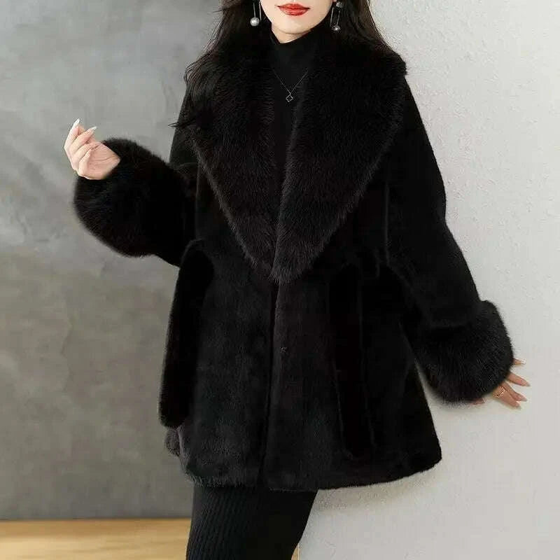 Elegant Simplistic Women's Faux Fur Mink Coat Eco-Friendly Long Sleeve Mid-Length Fashionable Winter Outerwear Coat