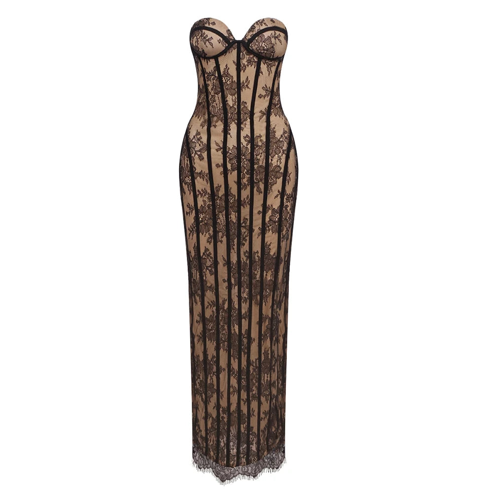 Evening Dress – Lace Decoration – Polyester – Wine Red | KIMLUD