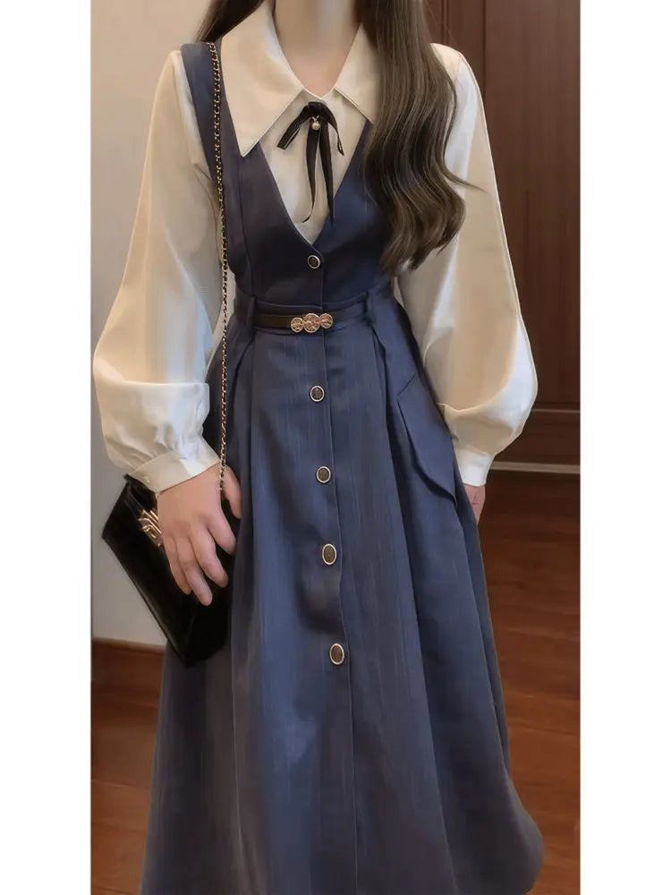 French literature and art retro commuting new vest dress women's spring and autumn college long-sleeved shirt age-reducing waist