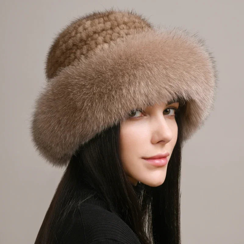 New Genuine Real Natural Knitted Mink Fur Hat Cap Luxury Women Handmade Knit Fashion Winter Headwear Warm Real Fox Fur Beanies