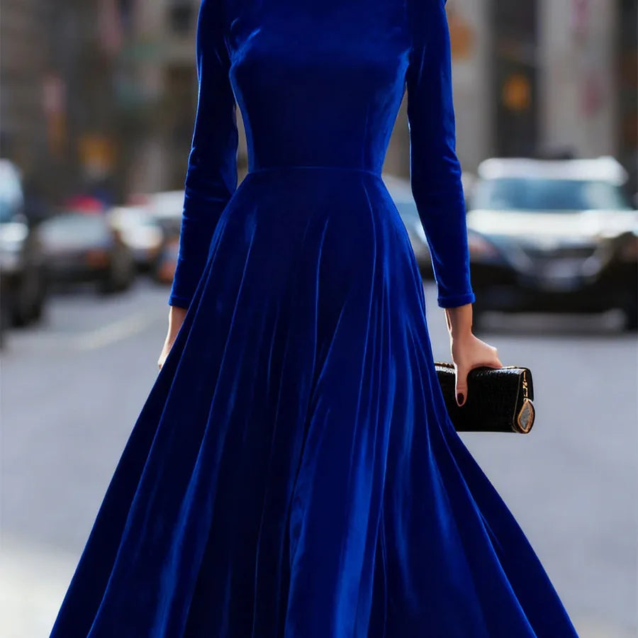 Velvet Dress Long Sleeve Round-Neck Midi — Navy | KIMLUD