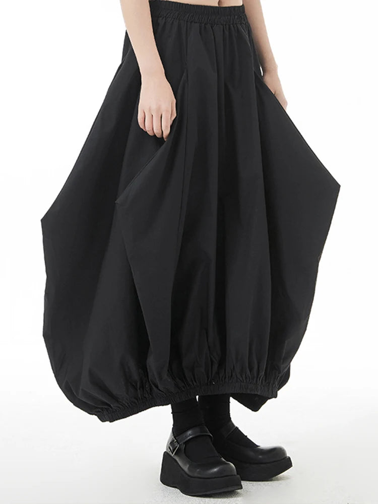 Skirt – High Elastic Waist – Irregular Pleated Long – Black | KIMLUD