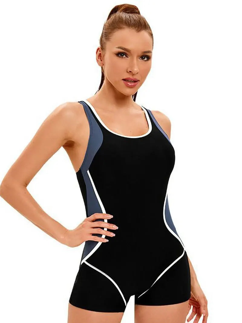 Patchwork Sport One Piece Swimsuit Plus Size — Black | KIMLUD