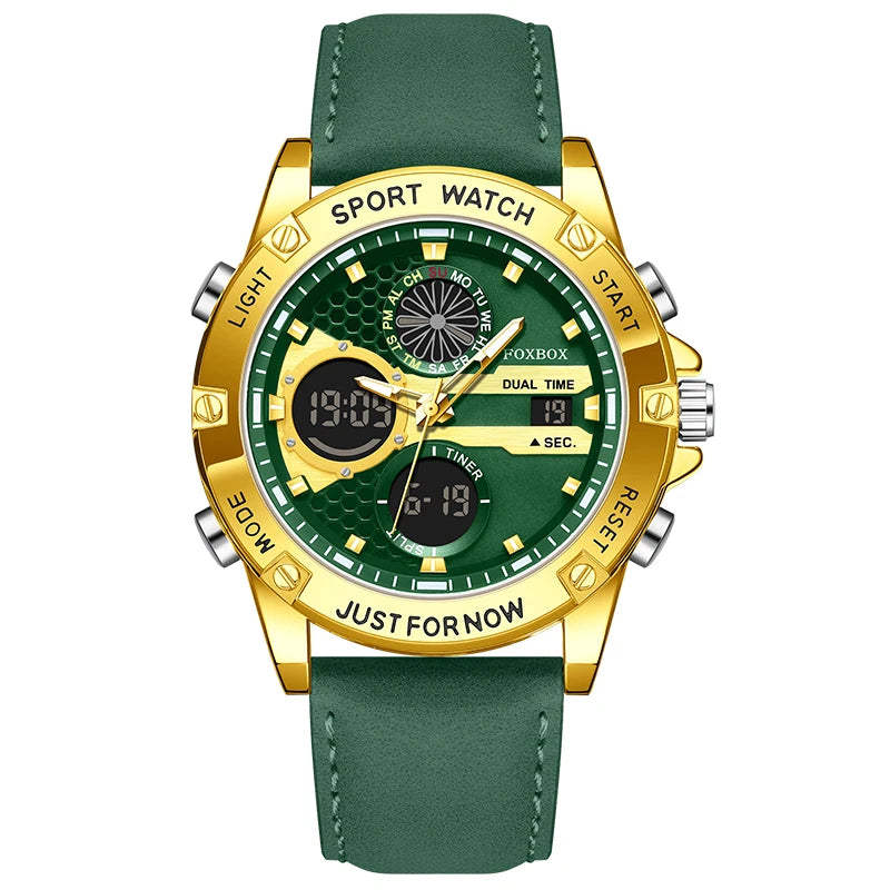 FOXBOX Fashion Men's Luxury Watch Leather Strap Quartz Watches Business Dual Display Waterproof Date Chronograph Man Watch+Box