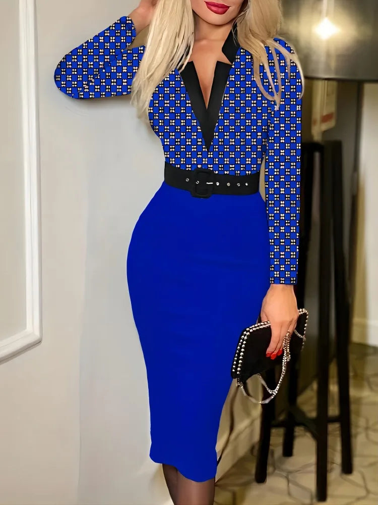 Bodycon Midi Dress – Color Block Diamond Print – Polyester Belted Lapel V-Neck | KIMLUD