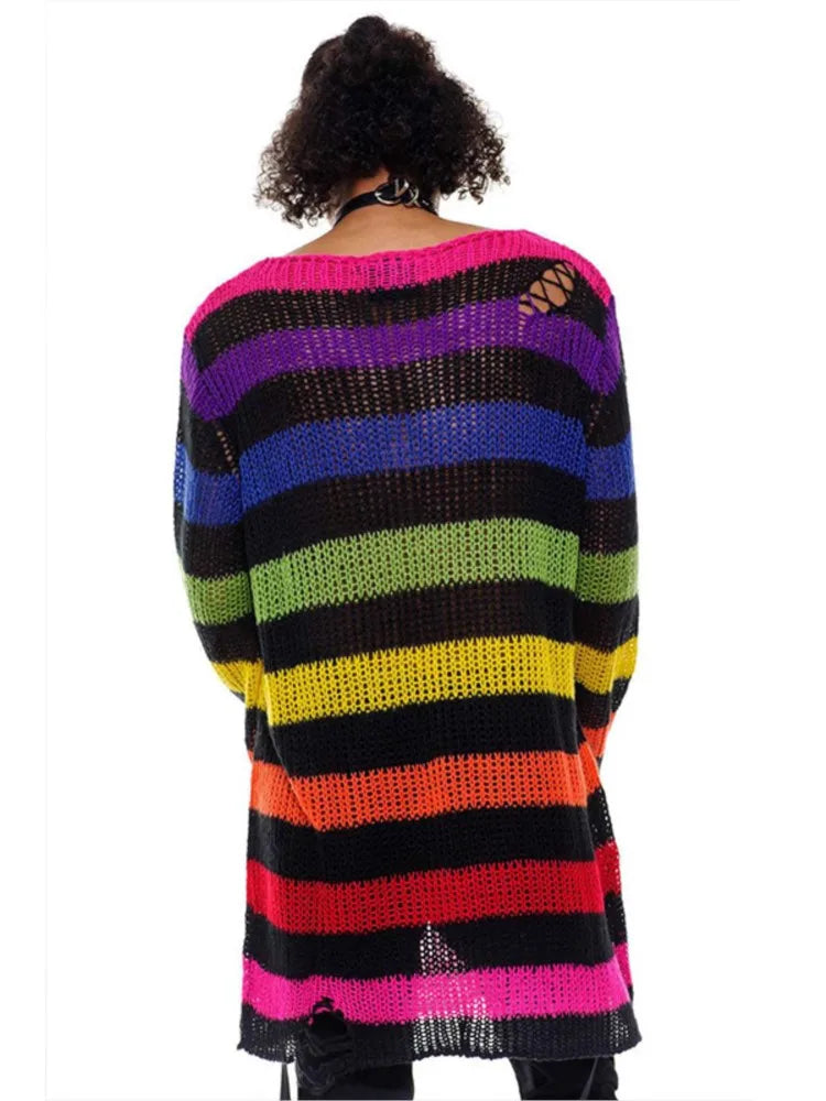 Sweater – Rainbow Gradient Stripes – Knit – Loose | KIMLUD