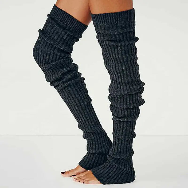 Knitted Cotton Blend Leg Warmers Knee High — Black | KIMLUD